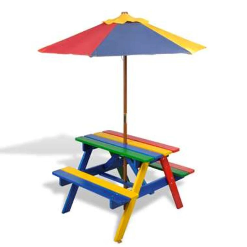 VidaXL Kinderpicknicktafel Met Banken En Parasol Hout Meerkleurig 3 VidaXL Kinderpicknicktafel Met Banken En Parasol Hout Meerkleurig