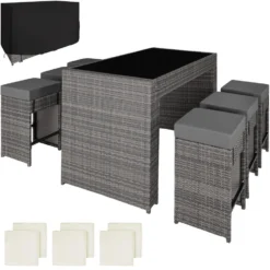 Tectake - Complete Wicker Barset Ibiza - Grijs - Met Beschermende Hoes